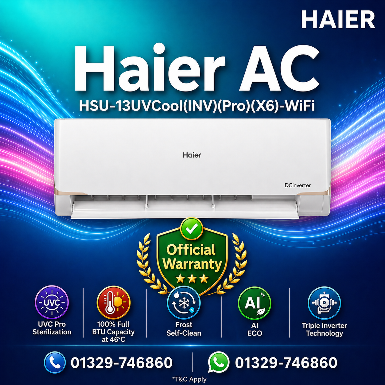 Haier 1.1 Ton UVCool Inverter Pro DC Inverter Air Conditioner HSU-13UVCool(INV)(Pro)(X6)-WiFi