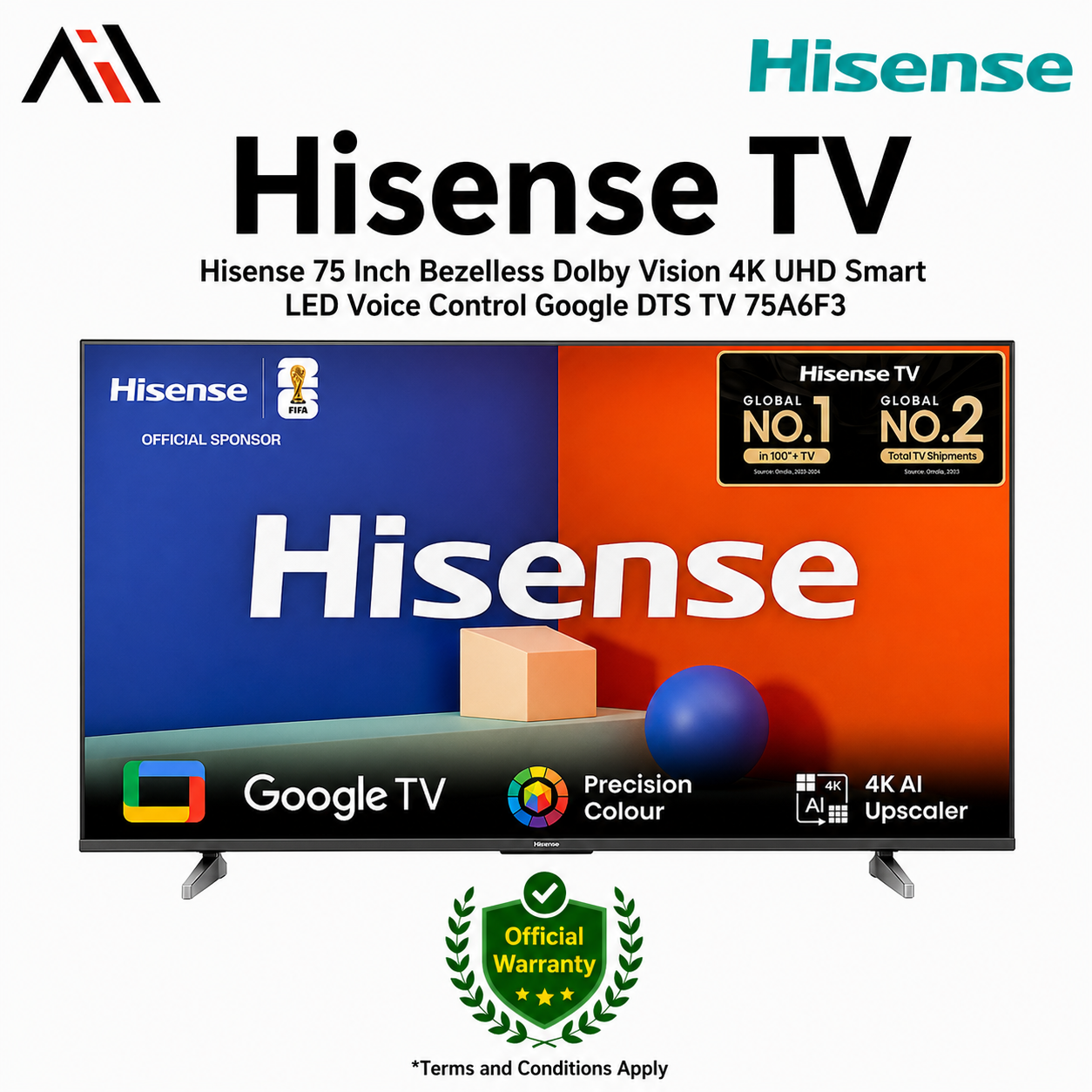 Hisense 75 Inch Bezelless Dolby Vision 4K UHD Smart LED Voice Control Google DTS TV 75A6F3