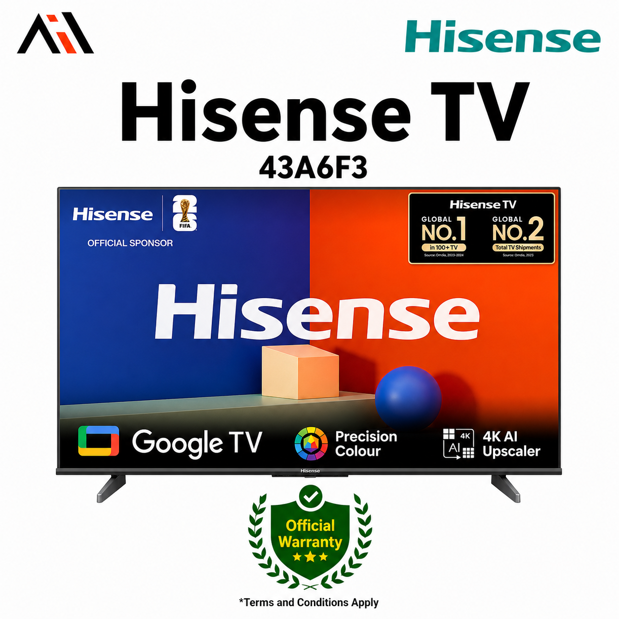 Hisense 43 Inch Bezelless Dolby Vision 4K UHD Smart LED Voice Control Google DTS TV (43A6F3)